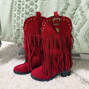 Red Fringe Heeled Boots
